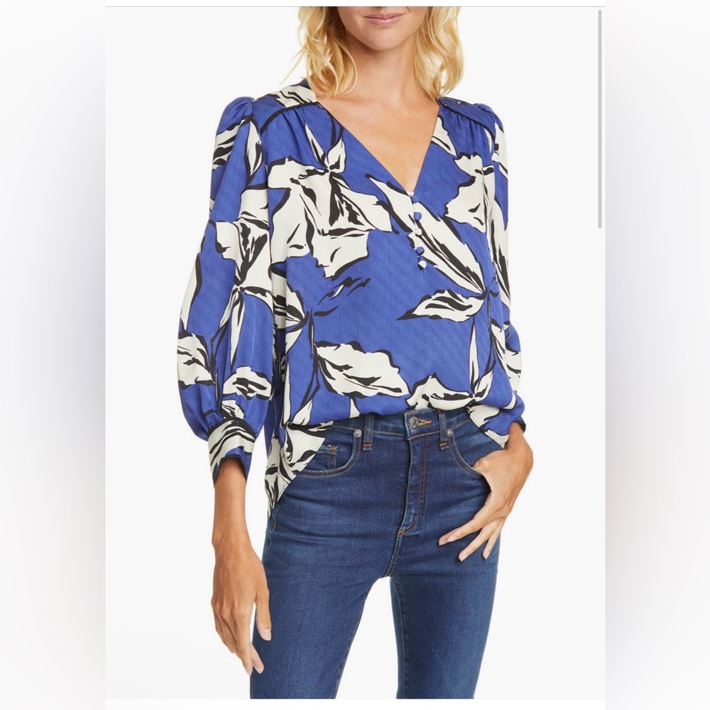 NWT Veronica Beard Blue / White / Black Silk Top Size 8